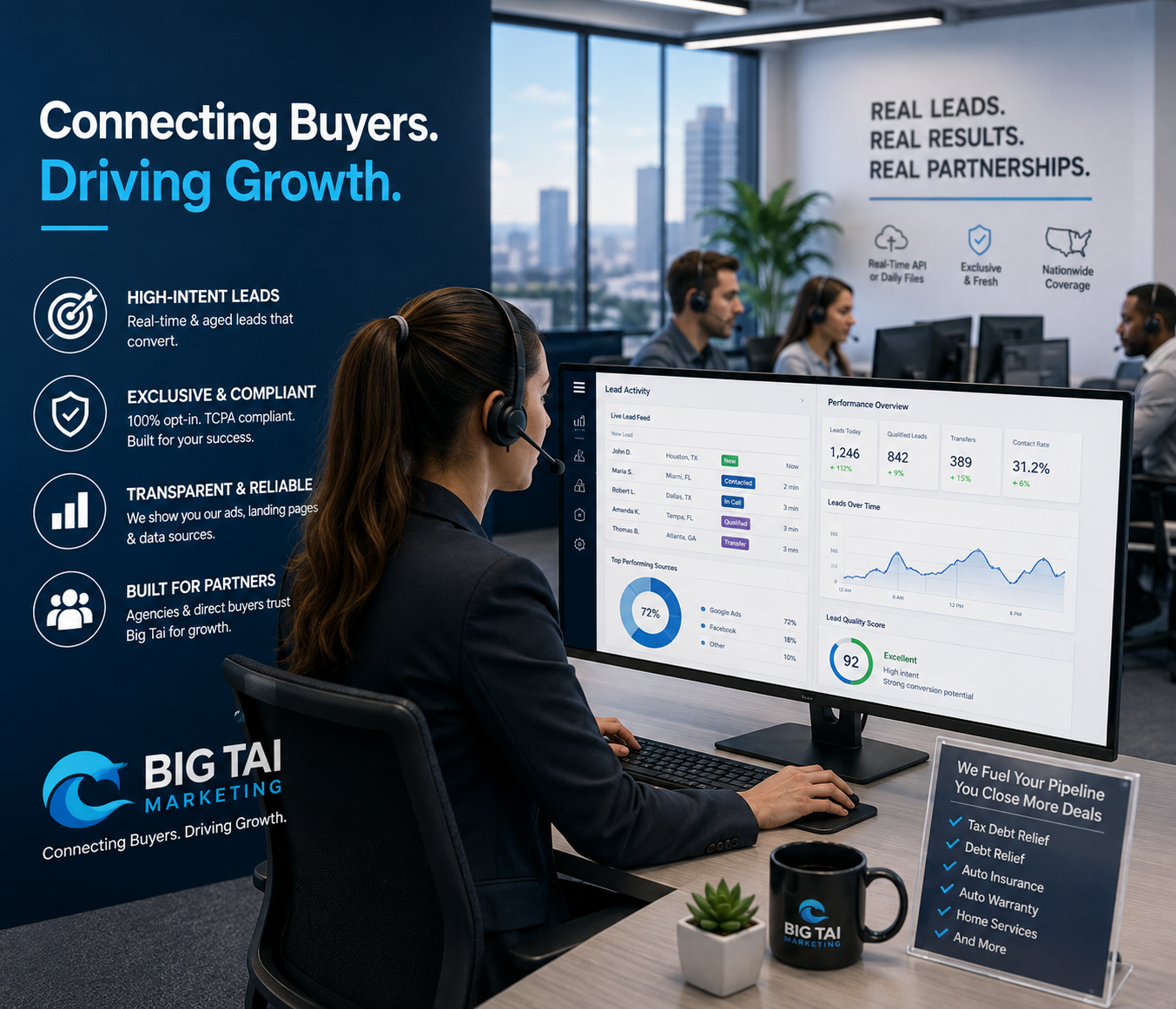 Tax resolution professional reviewing lead delivery dashboard and campaign data